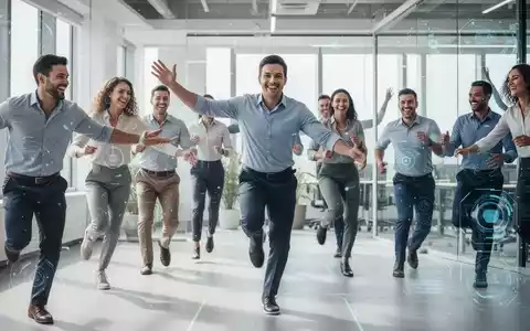 Mitarbeiter nehmen an einer betrieblichen Gesundheits-Challenge teil, lächeln und interagieren in einem modernen Büro. Fokus auf Bewegung und Wohlbefinden. - Foto: über boerse-global.de