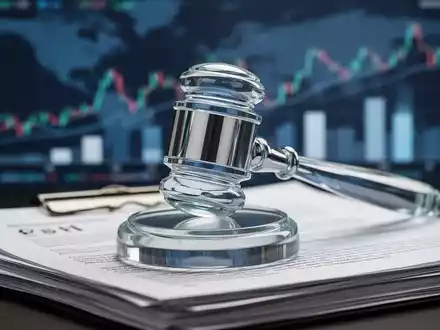 Ein stilisierter, moderner Hammer aus Metall und Glas ruht auf einem Stapel juristischer Dokumente mit unscharfen Finanzdiagrammen im Hintergrund. - Foto: über boerse-global.de