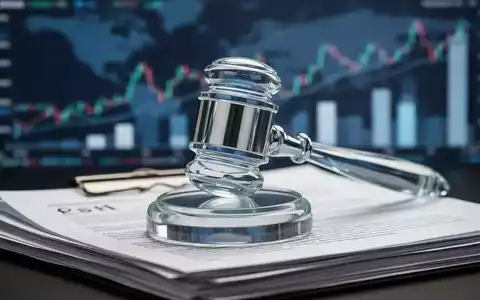 Ein stilisierter, moderner Hammer aus Metall und Glas ruht auf einem Stapel juristischer Dokumente mit unscharfen Finanzdiagrammen im Hintergrund. - Foto: über boerse-global.de