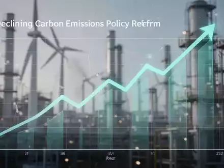 Grafische Darstellung fallender Emissionskurven vor einem Hintergrund stilisierter Industrieanlagen, die den Übergang zu sauberer Energie symbolisieren. - Foto: über boerse-global.de