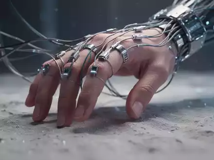 Eine menschliche Hand mit feinen, futuristischen neuronalen Schnittstellenkabeln, die eine Oberfläche berührt und Empfindungen vermittelt. - Foto: über boerse-global.de