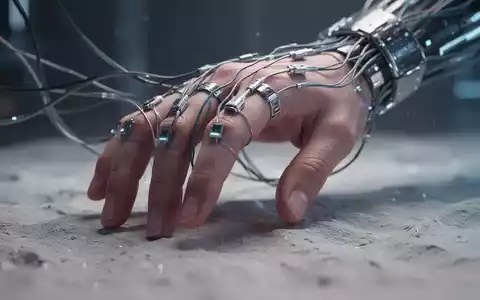 Eine menschliche Hand mit feinen, futuristischen neuronalen Schnittstellenkabeln, die eine Oberfläche berührt und Empfindungen vermittelt. - Foto: über boerse-global.de