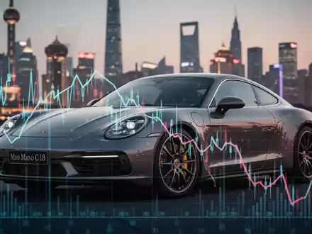 Ein luxuriöses deutsches Auto mit einem subtilen, digitalen Overlay, das einen absteigenden Finanzgraphen darstellt, vor einer verschwommenen chinesischen Stadtlandschaft. - Foto: über boerse-global.de