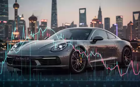 Ein luxuriöses deutsches Auto mit einem subtilen, digitalen Overlay, das einen absteigenden Finanzgraphen darstellt, vor einer verschwommenen chinesischen Stadtlandschaft. - Foto: über boerse-global.de