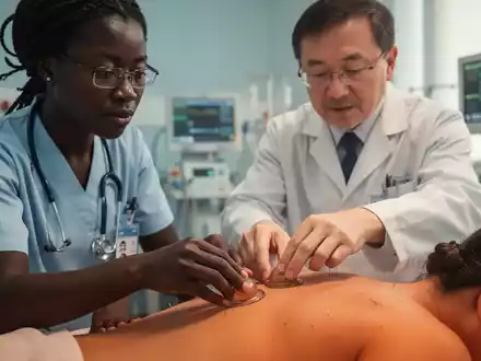 Eine sierra-leonische Krankenschwester beobachtet, wie ein chinesischer TCM-Arzt eine Akupunkturbehandlung an einem Patienten demonstriert. - Foto: über boerse-global.de