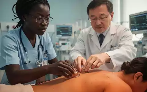 Eine sierra-leonische Krankenschwester beobachtet, wie ein chinesischer TCM-Arzt eine Akupunkturbehandlung an einem Patienten demonstriert. - Foto: über boerse-global.de