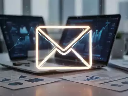 Ein stilisiertes, leuchtendes E-Mail-Symbol über einem verschwommenen modernen Bürohintergrund, das die Nutzung dienstlicher E-Mail-Postfächer darstellt. - Foto: über boerse-global.de