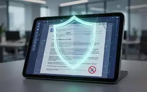 Leuchtendes Schild-Symbol über einem digitalen Dokument auf einem Tablet, symbolisiert Datenschutz vor Screenshots in sensiblen PDFs. - Foto: über boerse-global.de