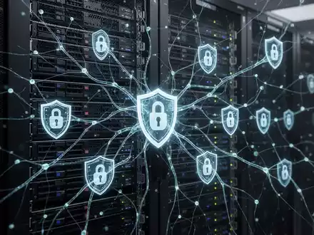 Ein leuchtendes neuronales Netzwerk visualisiert KI über einem Serverrack, mit digitalen Sicherheitssymbolen für Cyberabwehr. - Foto: über boerse-global.de