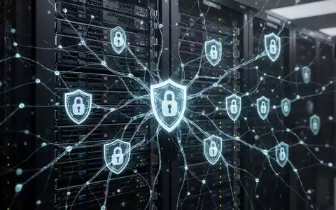 Ein leuchtendes neuronales Netzwerk visualisiert KI über einem Serverrack, mit digitalen Sicherheitssymbolen für Cyberabwehr. - Foto: über boerse-global.de