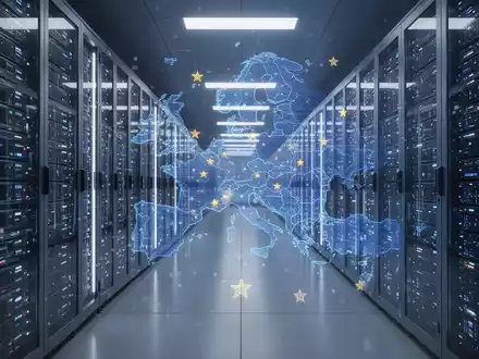 Reihen glühender Serverracks in einem Rechenzentrum mit dezenter holografischer Überlagerung der EU-Karte als Symbol für KI-Infrastruktur. - Foto: über boerse-global.de