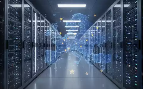 Reihen glühender Serverracks in einem Rechenzentrum mit dezenter holografischer Überlagerung der EU-Karte als Symbol für KI-Infrastruktur. - Foto: über boerse-global.de