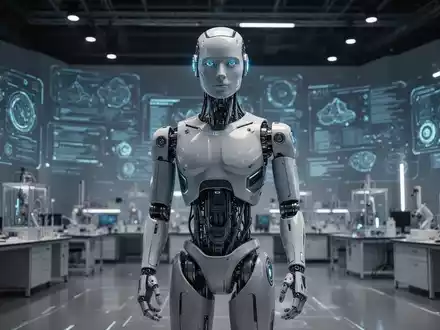 Hochentwickelter humanoider Roboter mit leuchtenden Akzenten in futuristischem Labor, symbolisiert Integration von KI in die physische Welt. - Foto: über boerse-global.de