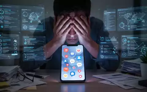 Eine gestresste Person mit Händen vor dem Gesicht, beleuchtet von einem Smartphone mit vielen Benachrichtigungen. - Foto: über boerse-global.de