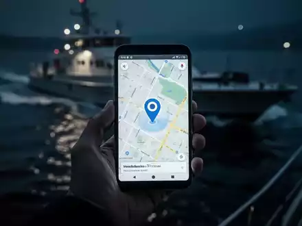 Eine Hand hält ein Smartphone, das eine Karte mit einem Ortungs-Pin über einem unscharfen Bild eines Bootes auf Wasser bei Nacht anzeigt. - Foto: über boerse-global.de