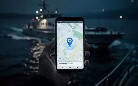 Eine Hand hält ein Smartphone, das eine Karte mit einem Ortungs-Pin über einem unscharfen Bild eines Bootes auf Wasser bei Nacht anzeigt. - Foto: über boerse-global.de