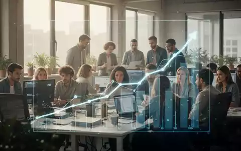 Menschen arbeiten in einem modernen BĂŒro, im Vordergrund ein digitaler Bildschirm mit einer aufsteigenden Trendlinie. - Foto: ĂŒber boerse-global.de