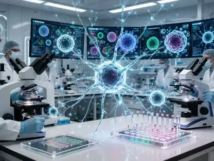Wissenschaftler in einem hochmodernen Labor arbeiten mit Mikroskopen, KI-Diagnosesystemen und mikrofluidischen Modellen, die zellulĂ€re Strukturen zeigen. - Foto: ĂŒber boerse-global.de