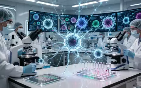 Wissenschaftler in einem hochmodernen Labor arbeiten mit Mikroskopen, KI-Diagnosesystemen und mikrofluidischen Modellen, die zelluläre Strukturen zeigen. - Foto: über boerse-global.de