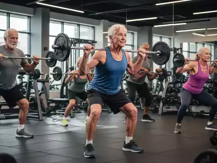 Eine Gruppe von Erwachsenen mittleren Alters trainiert mit leichten Gewichten in einem modernen Fitnessstudio, Fokus auf Krafttraining und Gesundheit. - Foto: über boerse-global.de