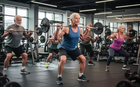 Eine Gruppe von Erwachsenen mittleren Alters trainiert mit leichten Gewichten in einem modernen Fitnessstudio, Fokus auf Krafttraining und Gesundheit. - Foto: ĂŒber boerse-global.de