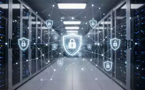 Ein stilisiertes, leuchtendes Netzwerk von Linien und Knoten über einem unscharfen Rechenzentrum, das Compliance und Datensicherheit symbolisiert. - Foto: über boerse-global.de