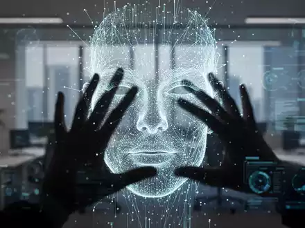 Ein abstraktes, digitales Deepfake-Gesicht, das von einer dunklen Hand verdeckt wird, vor einem verschwommenen Bürohintergrund. - Foto: über boerse-global.de