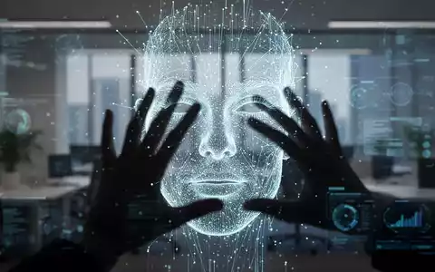 Ein abstraktes, digitales Deepfake-Gesicht, das von einer dunklen Hand verdeckt wird, vor einem verschwommenen Bürohintergrund. - Foto: über boerse-global.de