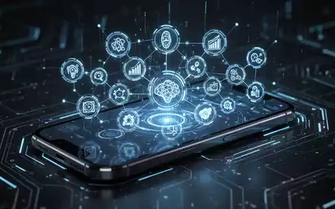 Ein Smartphone-Bildschirm zeigt ein komplexes, leuchtendes Netzwerk digitaler Symbole für KI, Automatisierung und Produktivitäts-Apps. - Foto: über boerse-global.de