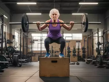 Eine entschlossene ältere Sportlerin in den 70ern führt eine komplexe CrossFit-Übung in einem gut beleuchteten Fitnessstudio aus. - Foto: über boerse-global.de