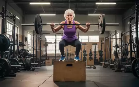Eine entschlossene ältere Sportlerin in den 70ern führt eine komplexe CrossFit-Übung in einem gut beleuchteten Fitnessstudio aus. - Foto: über boerse-global.de