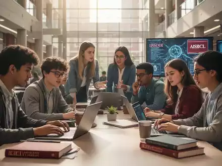 Eine Gruppe Studierender arbeitet in einer modernen Universitätsumgebung zusammen, umgeben von Büchern und technologischen Hilfsmitteln. - Foto: über boerse-global.de
