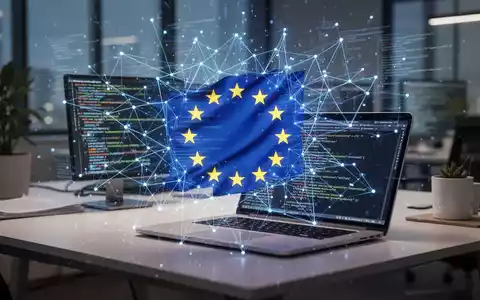 Holografische Projektion eines Datennetzwerks und EU-Flaggenemblem über einem modernen Schreibtisch mit Laptop, der Open-Source-Code zeigt. - Foto: über boerse-global.de