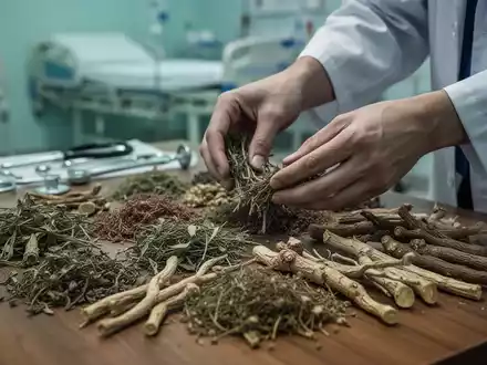 Hände sortieren getrocknete vietnamesische Kräuter auf einem Holztisch, im Hintergrund verschwommene medizinische Geräte. - Foto: über boerse-global.de