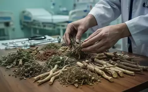 Hände sortieren getrocknete vietnamesische Kräuter auf einem Holztisch, im Hintergrund verschwommene medizinische Geräte. - Foto: über boerse-global.de