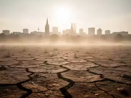 Verzerrte Sicht durch Hitzeflimmern über ausgetrocknetem Boden, mit verschwommenen Stadtsilhouetten unter sengender Sonne in Deutschland. - Foto: über boerse-global.de