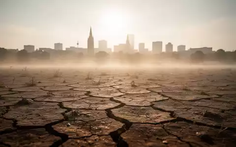 Verzerrte Sicht durch Hitzeflimmern über ausgetrocknetem Boden, mit verschwommenen Stadtsilhouetten unter sengender Sonne in Deutschland. - Foto: über boerse-global.de