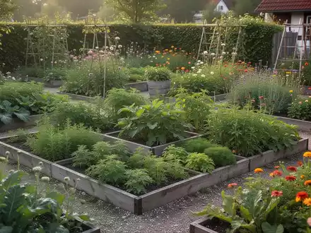 Ein üppiger, geometrisch angelegter Bauerngarten mit Kräutern und Blumen unter sanftem Sonnenlicht. - Foto: über boerse-global.de