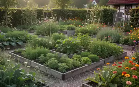 Ein üppiger, geometrisch angelegter Bauerngarten mit Kräutern und Blumen unter sanftem Sonnenlicht. - Foto: über boerse-global.de