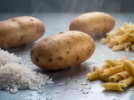 Nahaufnahme von gekochten Kartoffeln, Reis und Nudeln, die auf einer kühlen Oberfläche angeordnet sind, um resistente Stärke zu symbolisieren. - Foto: über boerse-global.de
