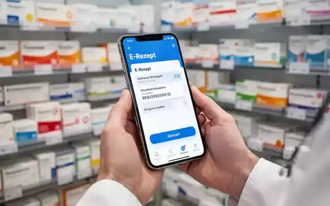 Hände eines Apothekers halten ein Smartphone mit einer digitalen Rezeptanzeige, im Hintergrund unscharfe Medikamentenregale. - Foto: über boerse-global.de