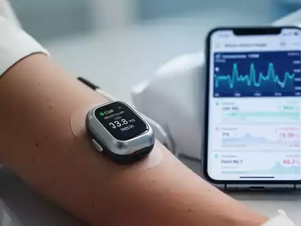 Nahaufnahme eines modernen kontinuierlichen Glukosemessgeräts (CGM) am Arm mit einem Smartphone, das Blutzuckerdaten anzeigt. - Foto: über boerse-global.de