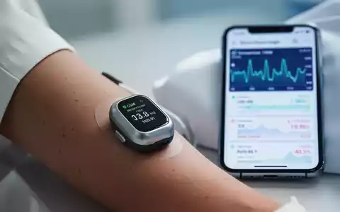 Nahaufnahme eines modernen kontinuierlichen Glukosemessgeräts (CGM) am Arm mit einem Smartphone, das Blutzuckerdaten anzeigt. - Foto: über boerse-global.de