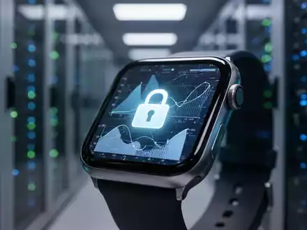 Nahaufnahme einer Smartwatch, die verschlüsselte Gesundheitsdaten anzeigt, mit einem stilisierten Vorhängeschloss und einem unscharfen Serverraum im Hintergrund. - Foto: über boerse-global.de