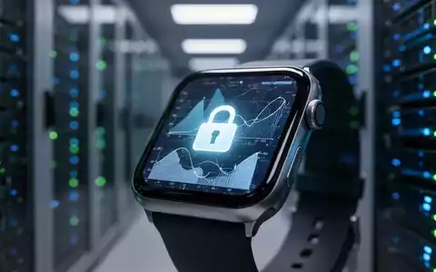 Nahaufnahme einer Smartwatch, die verschlüsselte Gesundheitsdaten anzeigt, mit einem stilisierten Vorhängeschloss und einem unscharfen Serverraum im Hintergrund. - Foto: über boerse-global.de