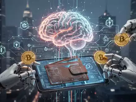KI-Gehirn über digitaler Geldbörse, Roboterhände und Krypto-Symbole, die KI-Verwaltung digitaler Gelder darstellend - Foto: über boerse-global.de