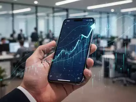Nahaufnahme einer Hand, die ein Smartphone mit einem aufsteigenden Finanzdiagramm hĂ€lt, im Hintergrund ein unscharfes BĂŒro. - Foto: ĂŒber boerse-global.de