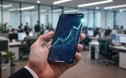 Nahaufnahme einer Hand, die ein Smartphone mit einem aufsteigenden Finanzdiagramm hält, im Hintergrund ein unscharfes Büro. - Foto: über boerse-global.de