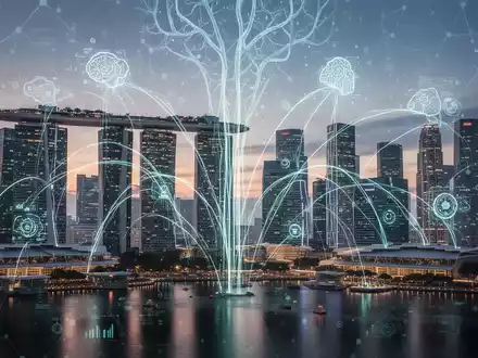 Futuristische Skyline von Singapur in der DĂ€mmerung, mit digitalen Linien zwischen GebĂ€uden und subtilem KI-Neuronalnetz-Muster. - Foto: ĂŒber boerse-global.de