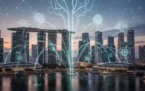 Futuristische Skyline von Singapur in der Dämmerung, mit digitalen Linien zwischen Gebäuden und subtilem KI-Neuronalnetz-Muster. - Foto: über boerse-global.de